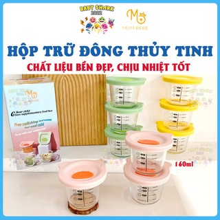Hộp trữ đông, cốc nấu cháo thủy tinh Mumbebe, nắp chịu nhiệt an toàn, dày dặn, có vạch chia ml