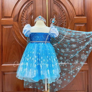 Váy Elsa Thiết Kế Bé Gái Kèm Áo Choàng Bờm Nơ Siêu Xinh, Đầm Elsa Bé Gái Cao Cấp