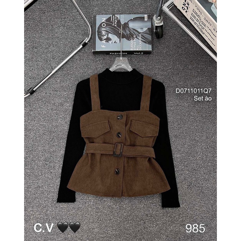 Set áo thun tay dài cổ cao phối áo 2 dây tùng xòe kèm đai sang trọng VIENS STORE