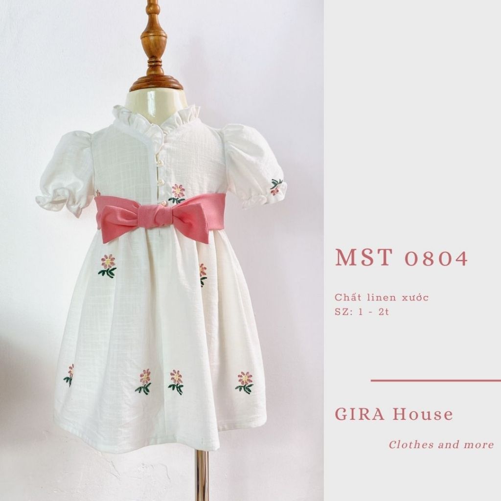 Váy babydoll trắng nơ hồng cho bé gái chất vải linen xước - GIRA House