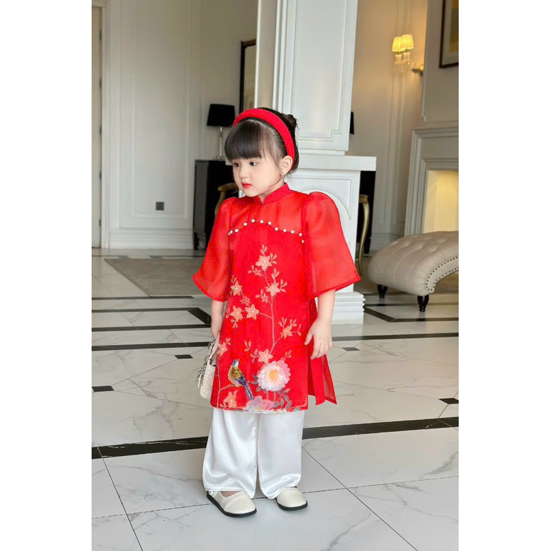 Áo dài cách tân mẹ và be bé chất liệu organza cao cấp đính ngọc và kết hoa -M59