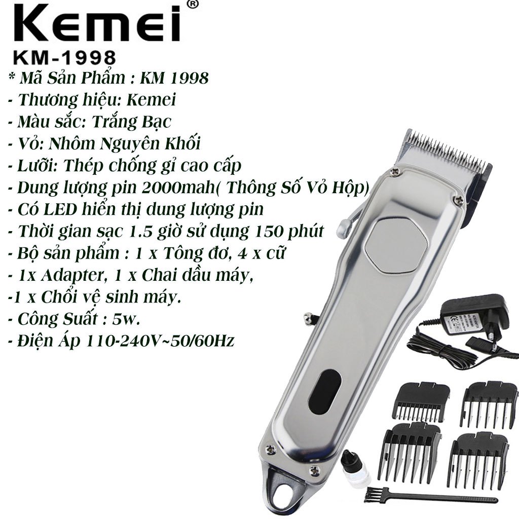 Tông đơ cắt tóc Kemei 1998, Tông đơ Thân Nhôm Nguyên Khối Chuyên Nghiệp Cho Salon Và Gia Đình