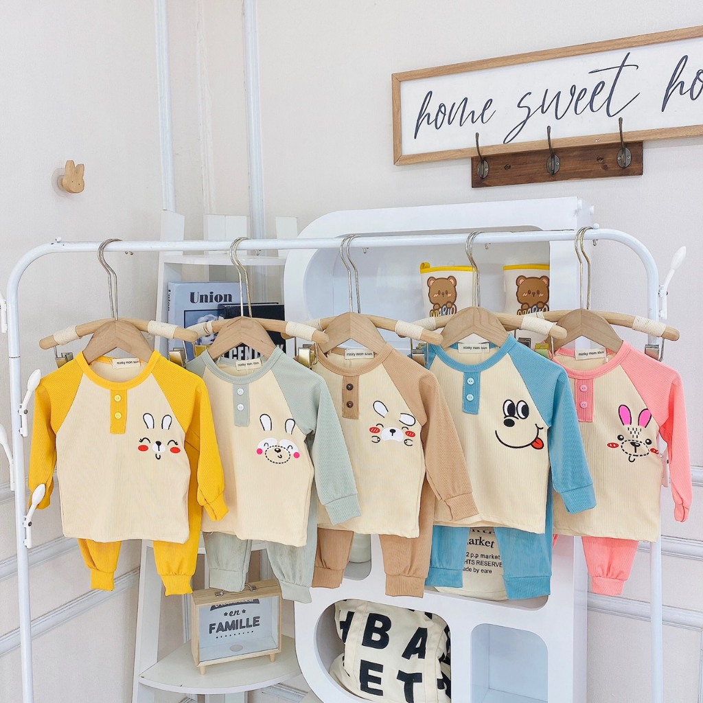 Bộ Dài Tay MinKy Mom Tăm Gân Cúc Cổ Ngực In Hình Mặt Thú Tay Và Quần Màu Cho Bé (HN)