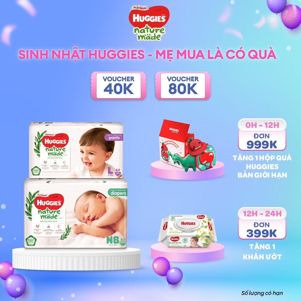 Tã Dán/Quần Huggies nature made NB60/S82/M64/L54/XL44/M58/L44/XL38/XXL26