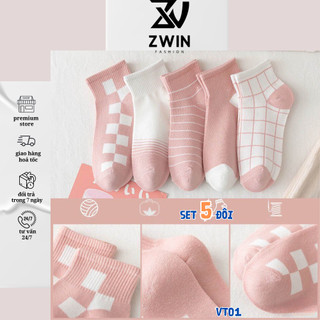 Sét 5 Đôi Tất Chân-Tất Vớ Cổ Ngắn Nam Nữ Họa Tiết Kẻ Sọc Chất Cotton Co Giãn VT01 - Zwin Fashion