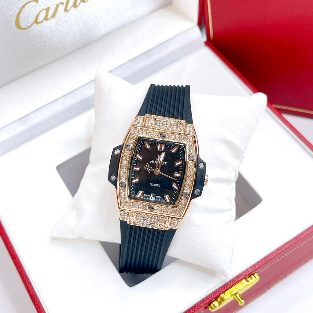 Đồng Hồ Nữ Viền Đính Đá Hulot, Size Mặt 36mm, Dây Cao Su, Máy Pin, Chống Nước 3atm, Sang Trọng Dành Cho Nữ