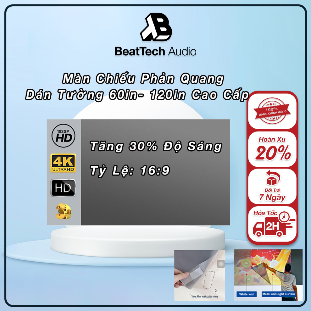 Màn chiếu phản quang dán tường kích thước từ 60in-136In Ngoài ra có khổ tự cắt - Dùng chiếu ngoài trời