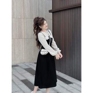 Đầm nữ midi dáng dài nhung tăm phối thun gân giả túi 2 màu y hình