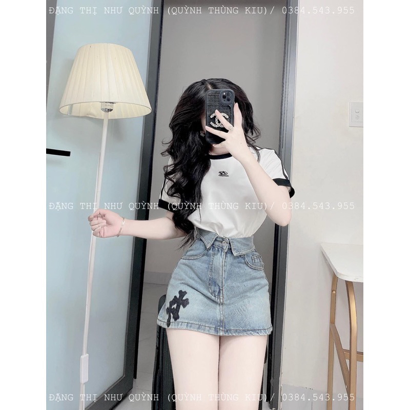 Chân váy jeans ngắn chữ thập, chân váy chữ A siêu hot