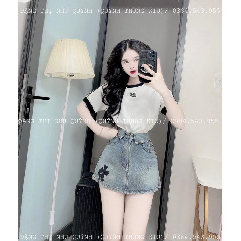 Chân váy jeans ngắn chữ thập, chân váy chữ A siêu hot