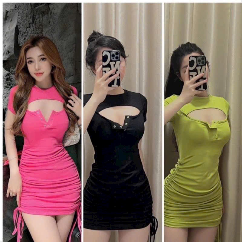 ĐẦM BODY KHOÉC NGỰC CÀI NÚT BẤM TAY NGẮN DÂY RÚT 2 bên 70k sexy