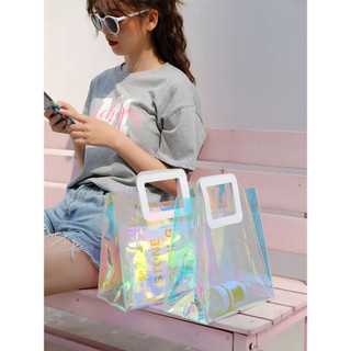 Túi nhựa trong suốt đựng mỹ phẩm có quai cầm bằng da - màu hologram