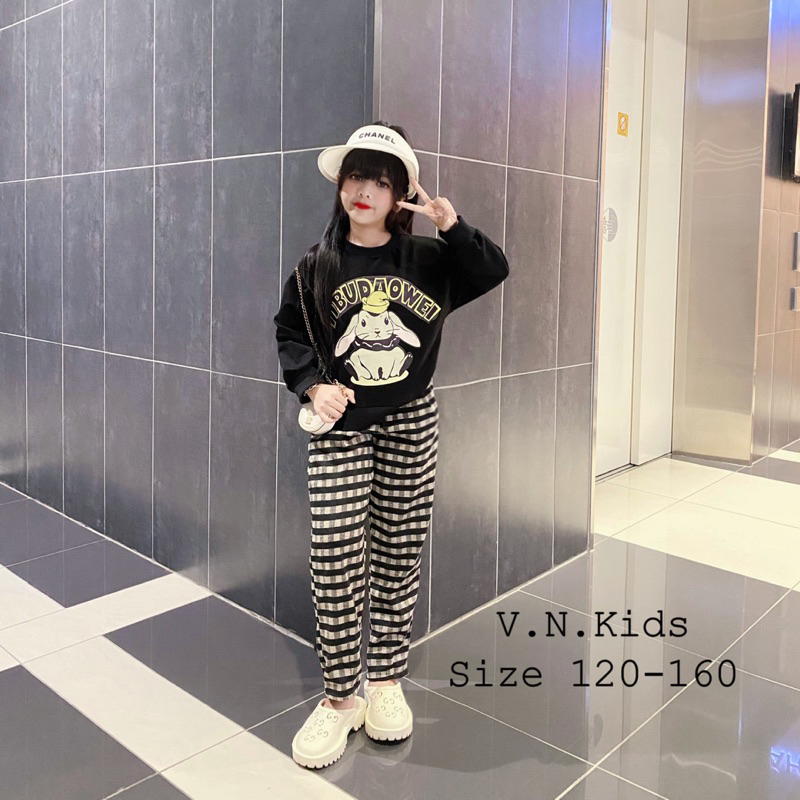 Set Thỏ YIBUDAOWEI + quần baggy kẻ xinh dã man cho Bé 18kg-42kg