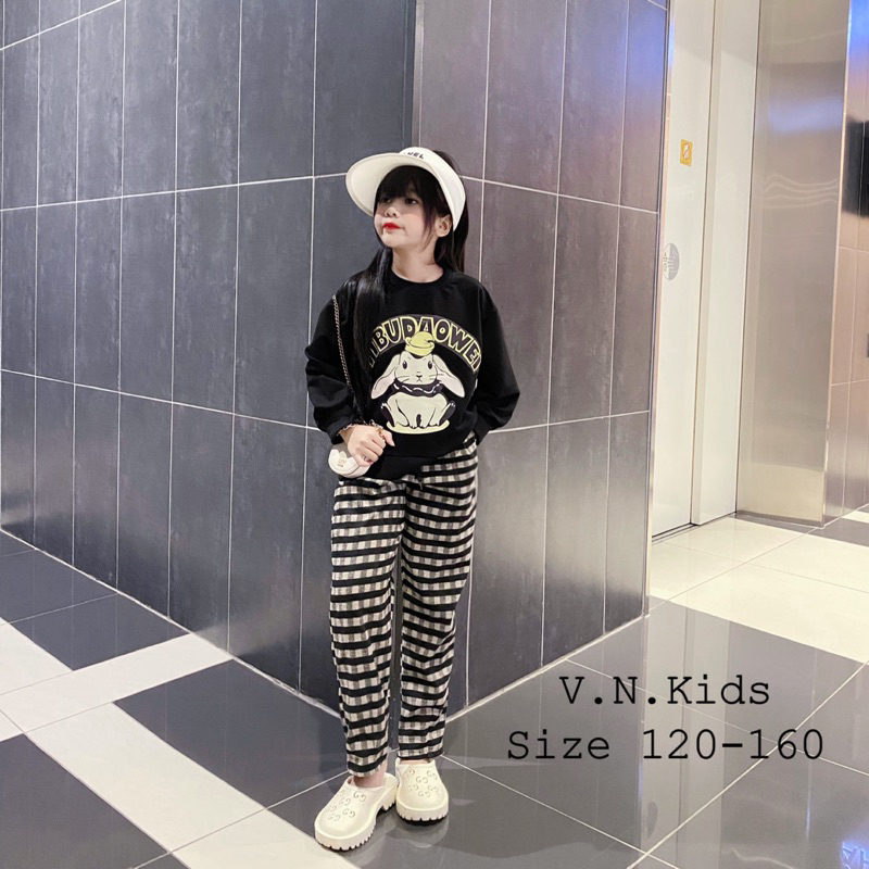 Set Thỏ YIBUDAOWEI + quần baggy kẻ xinh dã man cho Bé 18kg-42kg