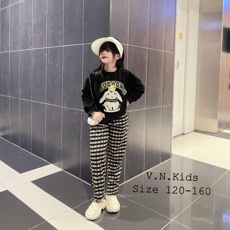 Set Thỏ YIBUDAOWEI + quần baggy kẻ xinh dã man cho Bé 18kg-42kg