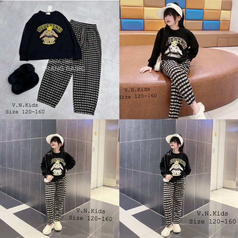 Set Thỏ YIBUDAOWEI + quần baggy kẻ xinh dã man cho Bé 18kg-42kg