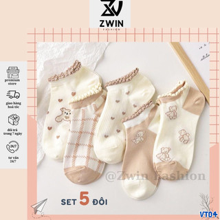 Sét 5 Đôi Tất Chân Tất Vớ Cổ Ngắn Nam Nữ Cổ Bèo Họa Tiết Gấu Chất Cotton Co Giãn VT04 - Zwin Fashion