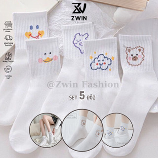 Sét 5 Đôi Tất Chân Tất Vớ Cổ Ngắn Nam Nữ Trắng Họa Tiết Cute Chất Cotton Co Giãn VT18 - Zwin Fashion