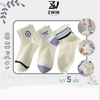 Sét 5 Đôi Tất Chân Tất Vớ Cổ Ngắn Nam Nữ Họa Tiết Hình Basic Chất Cotton Co Giãn VT14 - Zwin Fashion