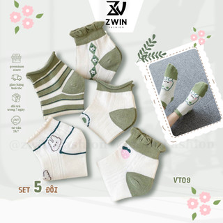 Sét 5 Đôi Tất Chân Tất Vớ Cổ Ngắn Nam Nữ Họa Tiết Xanh Bơ Chất Cotton Co Giãn VT09 - Zwin Fashion