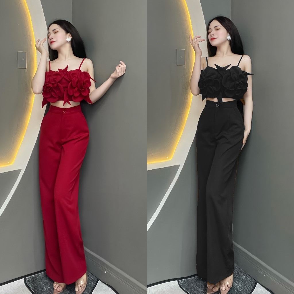 SÉT THIẾT KẾ ÁO 2 DÂY HOA PHỐI QUẦN DÀI - HÀNG THIẾT KẾ