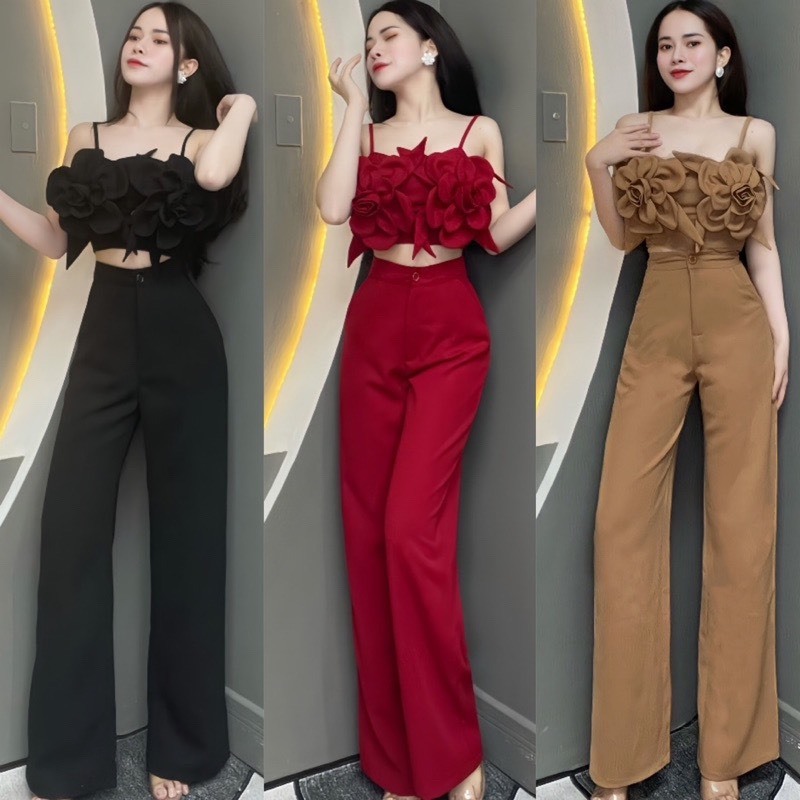 SÉT THIẾT KẾ ÁO 2 DÂY HOA PHỐI QUẦN DÀI - HÀNG THIẾT KẾ