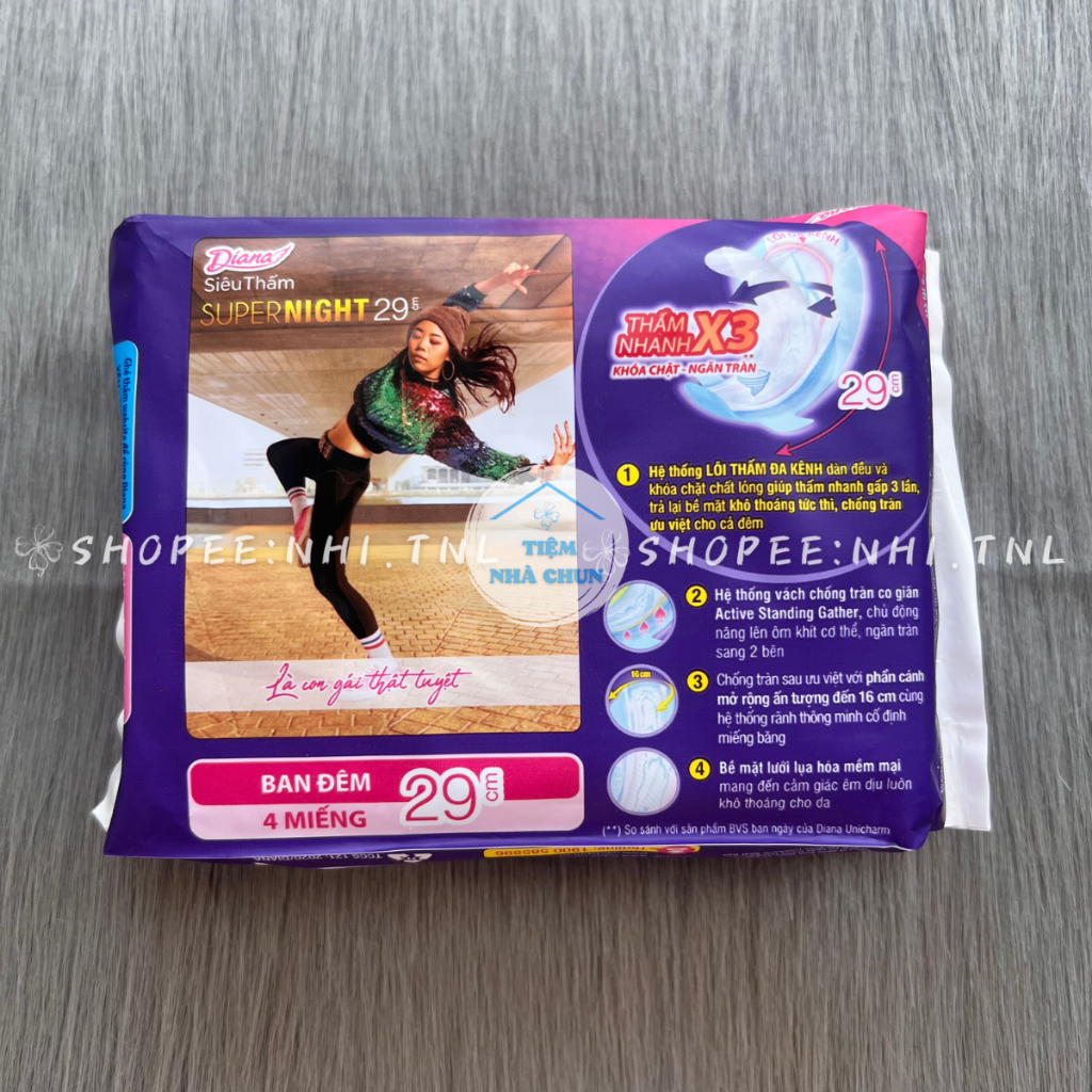 CHE TÊN - Gói 4 Miếng / Gói 12 Miếng BVS Super Night 29cm - Băng Vệ Sinh Ban Đêm Diana Siêu Thấm Night Mặt Bông- NHI.TNL