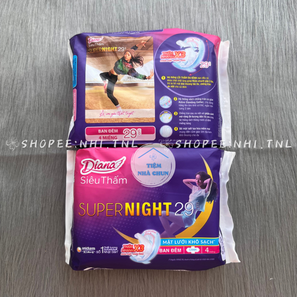 CHE TÊN - Gói 4 Miếng / Gói 12 Miếng BVS Super Night 29cm - Băng Vệ Sinh Ban Đêm Diana Siêu Thấm Night Mặt Bông- NHI.TNL