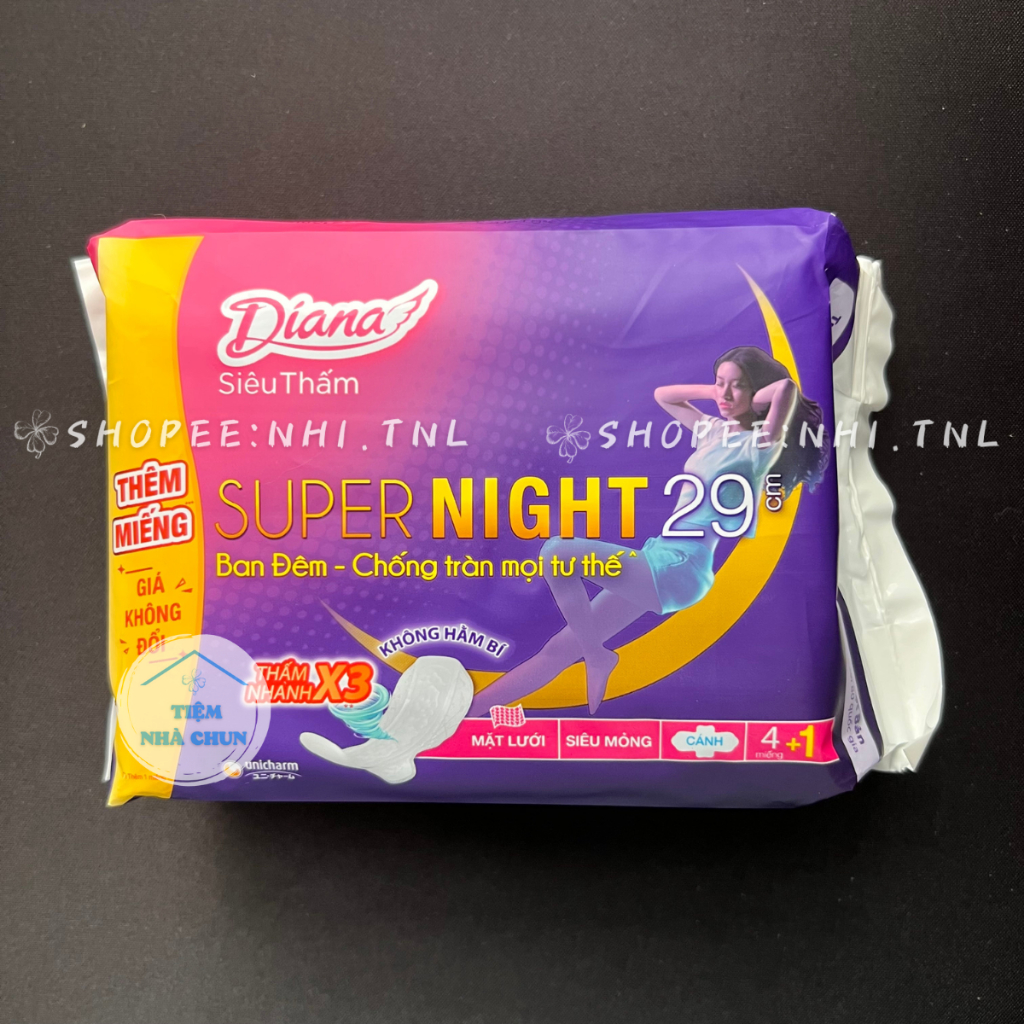CHE TÊN - Gói 4 Miếng / Gói 12 Miếng BVS Super Night 29cm - Băng Vệ Sinh Ban Đêm Diana Siêu Thấm Night Mặt Bông- NHI.TNL