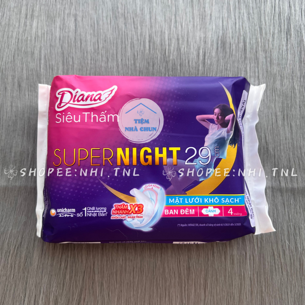 CHE TÊN - Gói 4 Miếng / Gói 12 Miếng BVS Super Night 29cm - Băng Vệ Sinh Ban Đêm Diana Siêu Thấm Night Mặt Bông- NHI.TNL