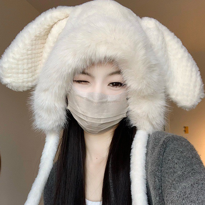 Mũ len nữ, Mũ lông cừu tai thỏ giữ ấm mùa đông SLEEPYCHIC nón len lông cừu tai mèo thời trang