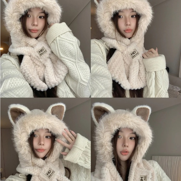 Mũ len nữ lông cừu kèm khăn quàng cổ, nón len mùa đông giữ ấm tai mèo đáng yêu SLEEPYCHIC phong cách Hàn Quốc