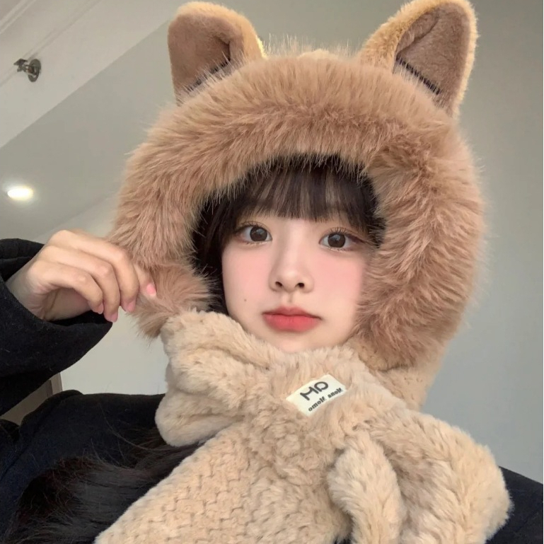Mũ len nữ lông cừu kèm khăn quàng cổ, nón len mùa đông giữ ấm tai mèo đáng yêu SLEEPYCHIC phong cách Hàn Quốc