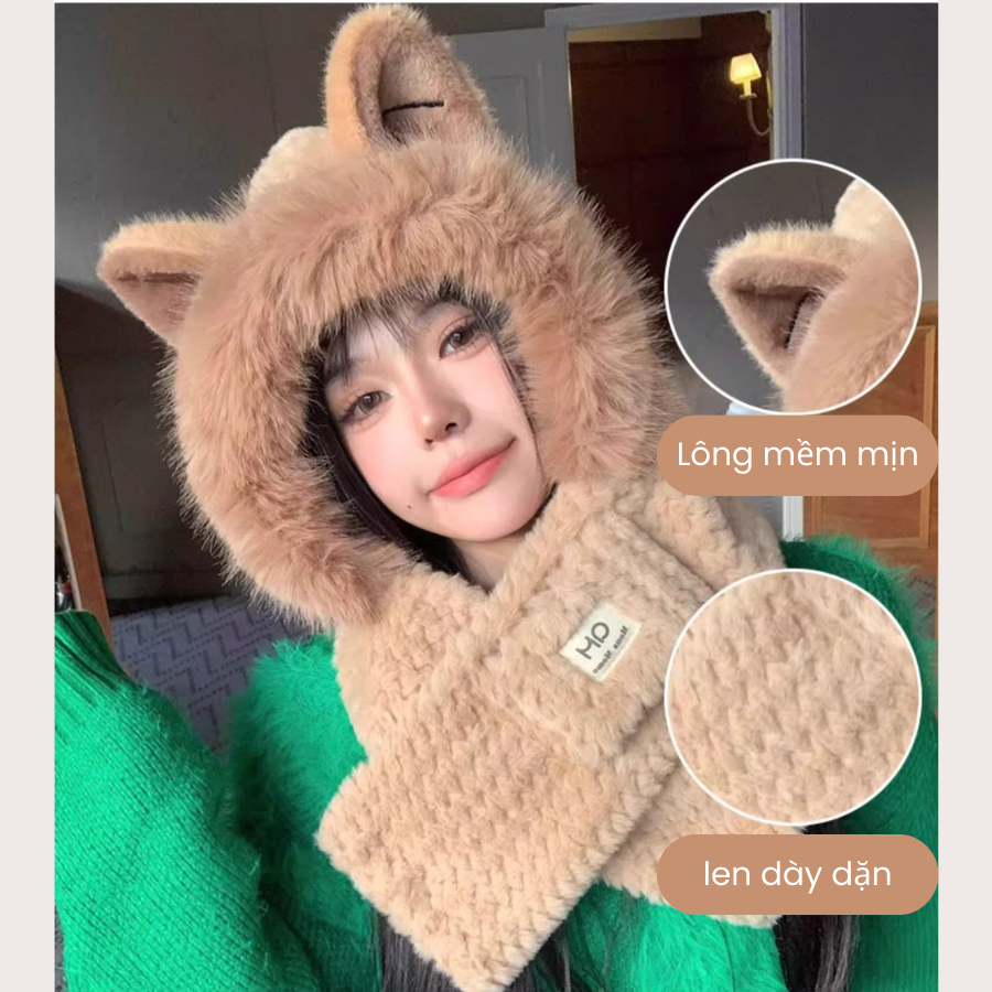 Mũ len nữ lông cừu kèm khăn quàng cổ, nón len mùa đông giữ ấm tai mèo đáng yêu SLEEPYCHIC phong cách Hàn Quốc
