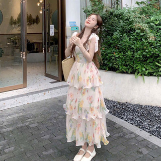 Đầm 2 dây cột nơ vai dáng váy dài xoè 3 tầng mocking thân sau có mút ngực chất vải Voan Hoa,
