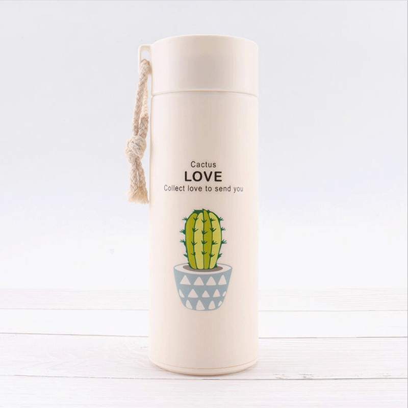Bình đựng nước siêu đẹp in hình cây xương rồng 400ml cực kỳ đáng yêu dành cho các bé mang đến lớp có dây đeo