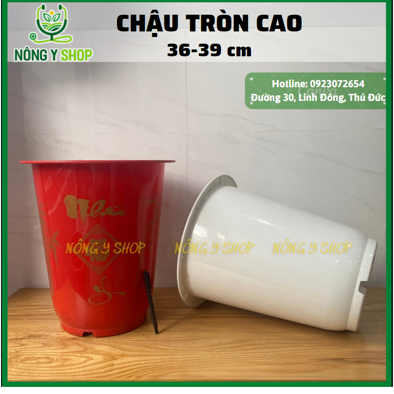 Size 36-39, Chậu nhựa tròn cao, Chậu nhựa bom trắng - Đỏ bông vàng như ý cát tường tròn cao, chậu cây cảnh, chậu hoa