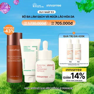 Bộ sản phẩm chống lão hóa innisfree Black tea youth ampoule 30ml Black tea Essence 75ml Sữa rửa mặt Green Tea Foam 150g