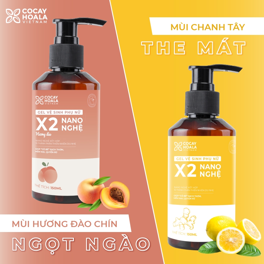 Dung dịch vệ sinh Phụ nữ Gel X2 Nano Nghệ Đào COCAYHOALA VIETNAM - 20ml/chai - Đào Chín Hồng Mềm Mại Lưu Hương 24h