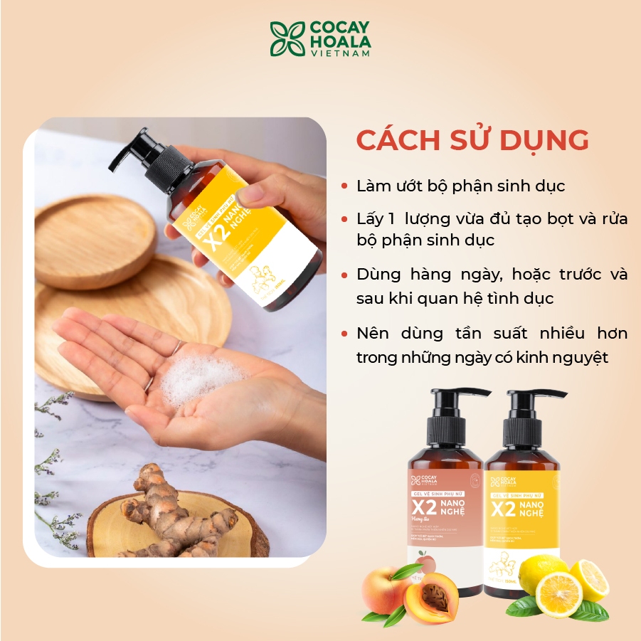 Dung dịch vệ sinh Phụ nữ Gel X2 Nano Nghệ Đào COCAYHOALA VIETNAM - 20ml/chai - Đào Chín Hồng Mềm Mại Lưu Hương 24h