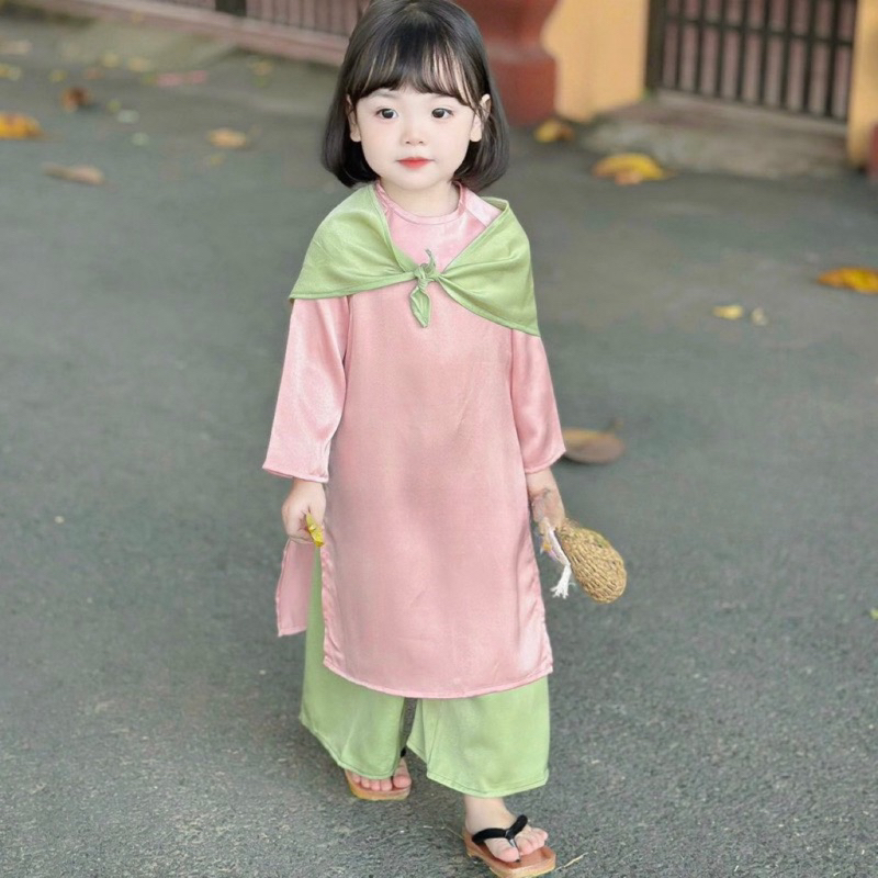 Áo dài cách tân cho bé gái, set áo dài lụa hồng quần xanh kèm khăn mỏ quạ cho bé 10-25kg