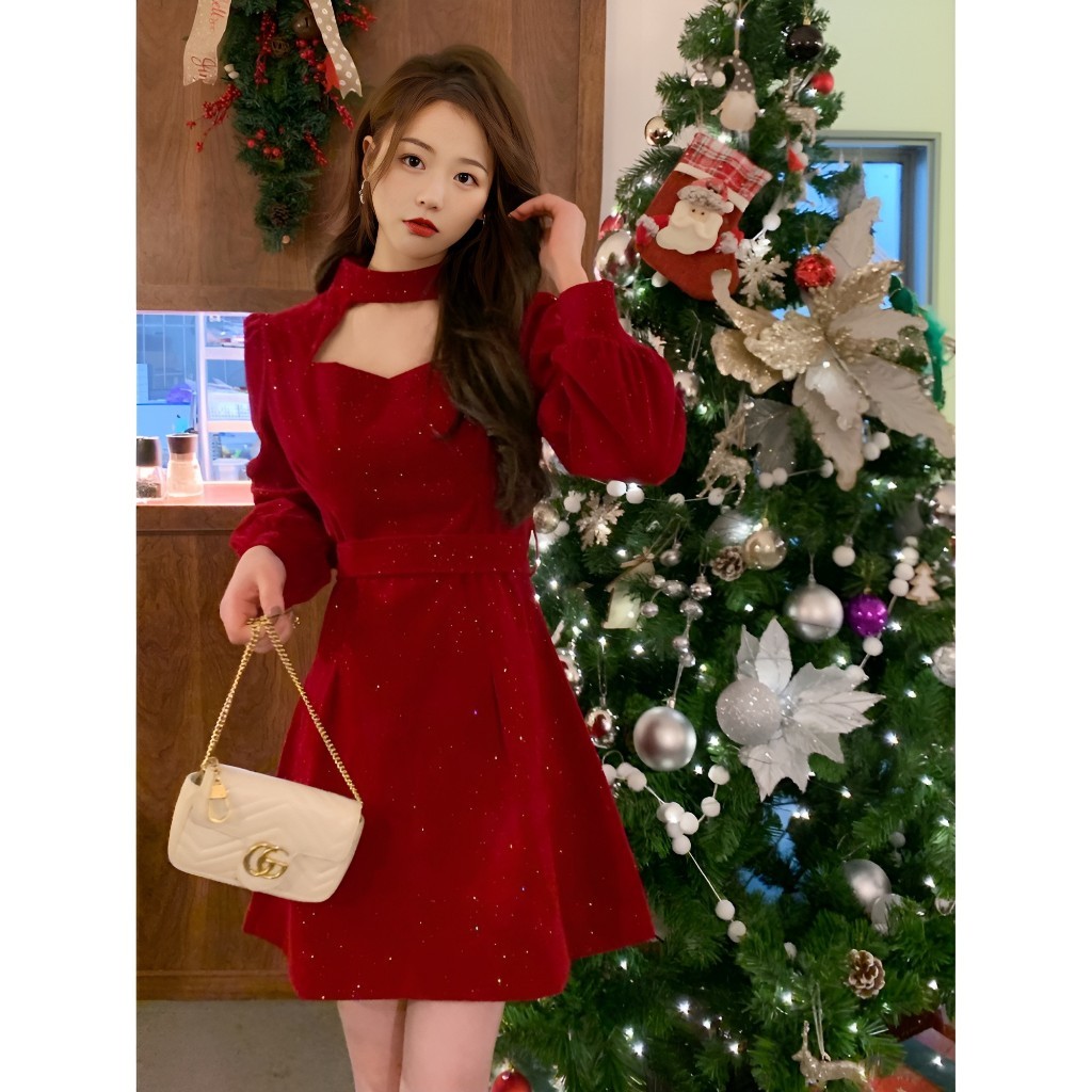 Váy nữ - Đầm nhung đỏ tôn dáng cực xinh cổ choker trơn cực sành điệu phong cách hàn quốc Changbishop