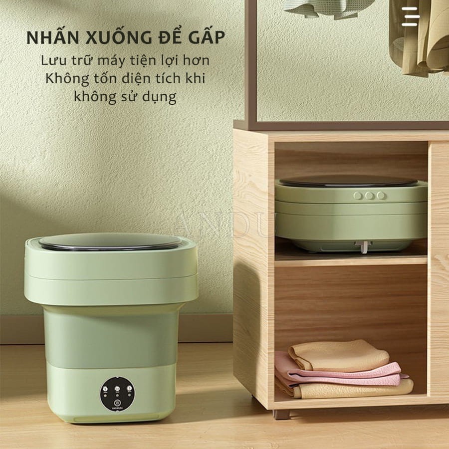 Máy giặt mini gấp gọn giặt đồ lót tất vớ đồ cho bé vắt cực khô khuẩn bằng ánh sáng xanh SUMI dung tích 6L khử