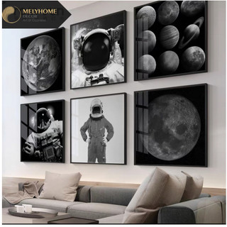 PHG Tranh Vuông Tráng gương Canvas  Vũ Trụ Phi Hành Gia Hệ Mặt Trời Nghệ Thuật Trắng Đen Decor Treo Tường Phòng Ngủ