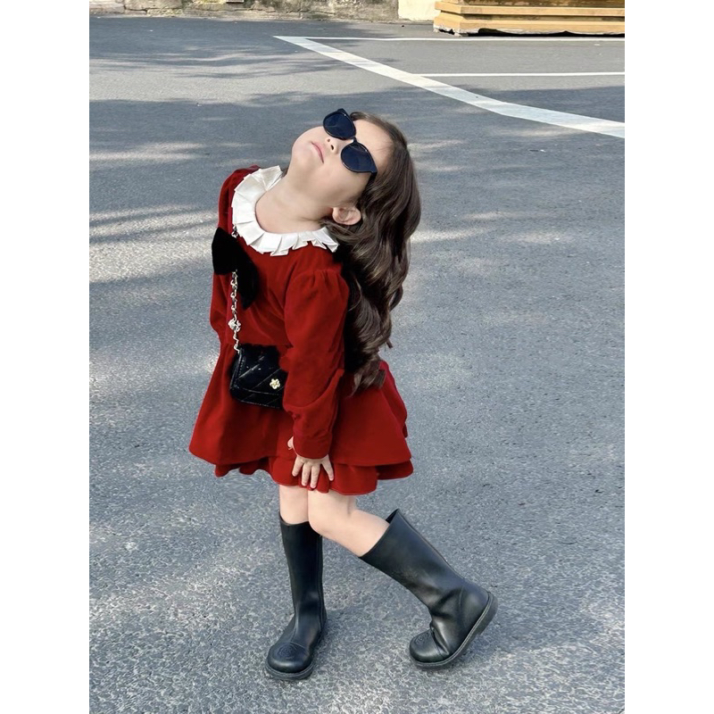 Váy đầm nhung phối nơ cổ diện Tết, Noel cho bé gái 10-32kg