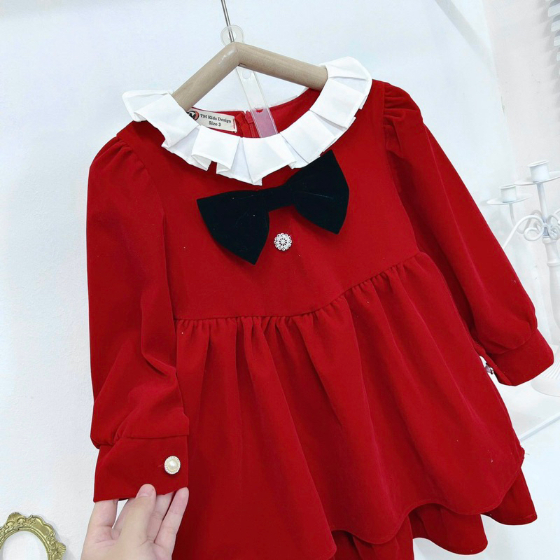 Váy đầm nhung phối nơ cổ diện Tết, Noel cho bé gái 10-32kg