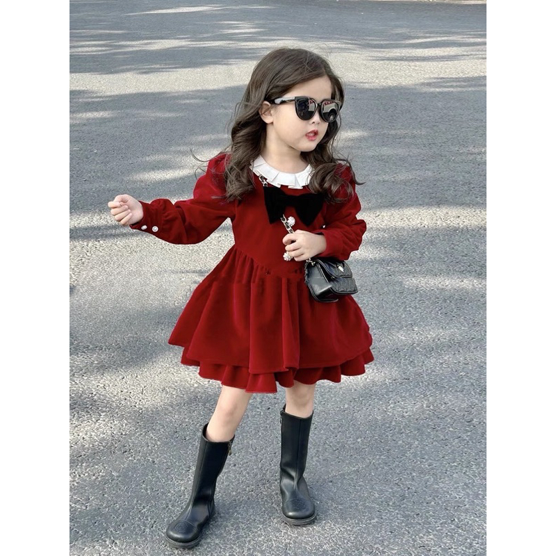 Váy đầm nhung phối nơ cổ diện Tết, Noel cho bé gái 10-32kg