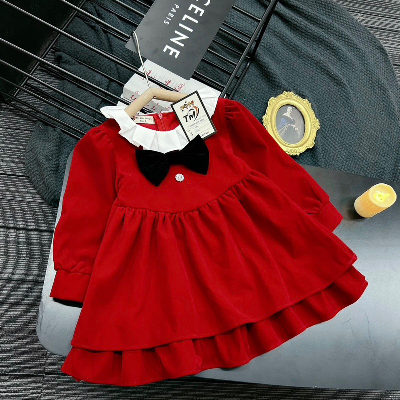 Váy đầm nhung phối nơ cổ diện Tết, Noel cho bé gái 10-32kg