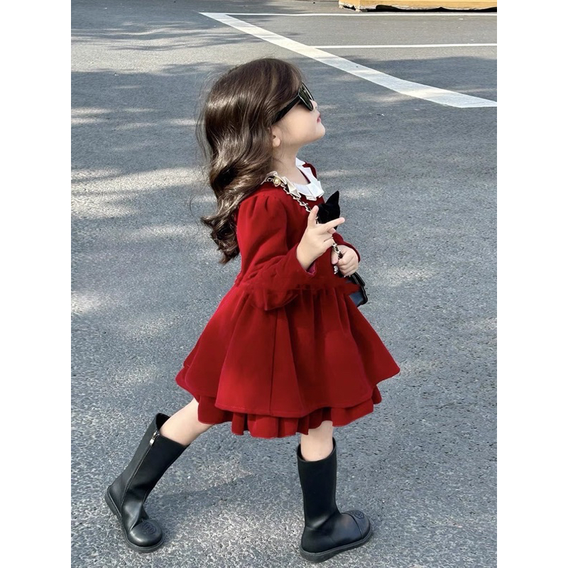 Váy đầm nhung phối nơ cổ diện Tết, Noel cho bé gái 10-32kg