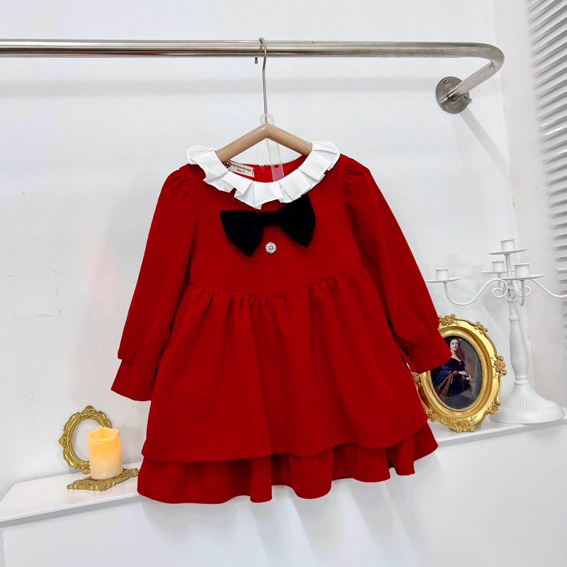 Váy đầm nhung phối nơ cổ diện Tết, Noel cho bé gái 10-32kg